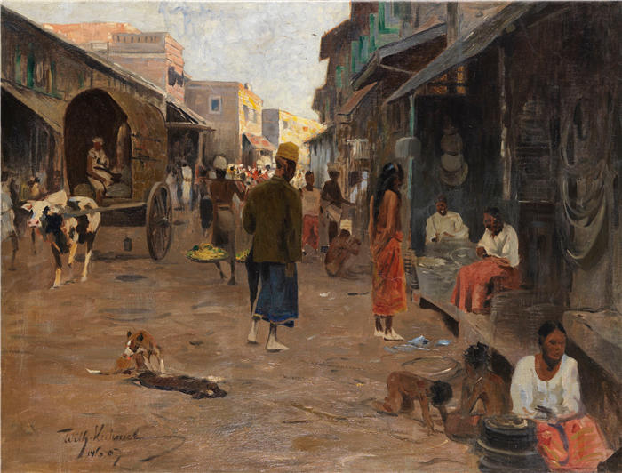 威廉·库内特 (Wilhelm Kuhnert，德国画家) 高清作品-锡兰（斯里兰卡）的街景（1907 年）