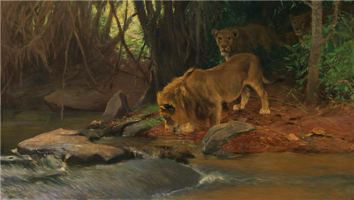 威廉·库内特 (Wilhelm Kuhnert,德国画家) 高清作品-厄瓦尔德巴赫河畔洛文 (1911)