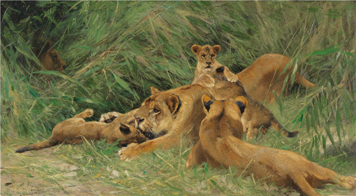 威廉·库内特 (Wilhelm Kuhnert，德国画家) 高清作品-玩狮子（约 1917-1926 年）