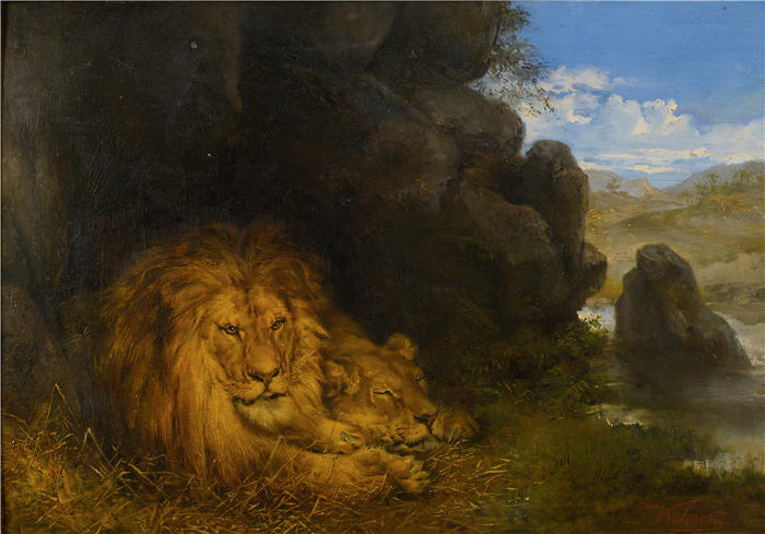 威廉·库内特 (Wilhelm Kuhnert，德国画家) 高清作品-洞穴中的两只狮子