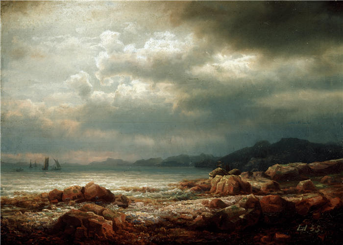 拉斯·赫特维格  (Lars Hertervig，挪威画家)-《沿海景观》油画高清下载