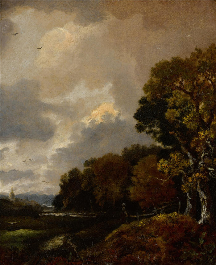 托马斯·庚斯博罗(Thomas Gainsborough,英国画家)高清油画作品-《风景与树木和田野,远处的教堂塔楼》