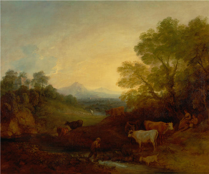 托马斯·庚斯博罗(Thomas Gainsborough,英国画家)高清油画作品-《风景与牛》