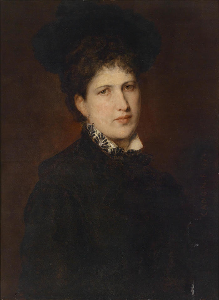 汉斯·卡农(Hans Canon，奥地利画家)高清油画作品-一个戴帽子的女人的肖像