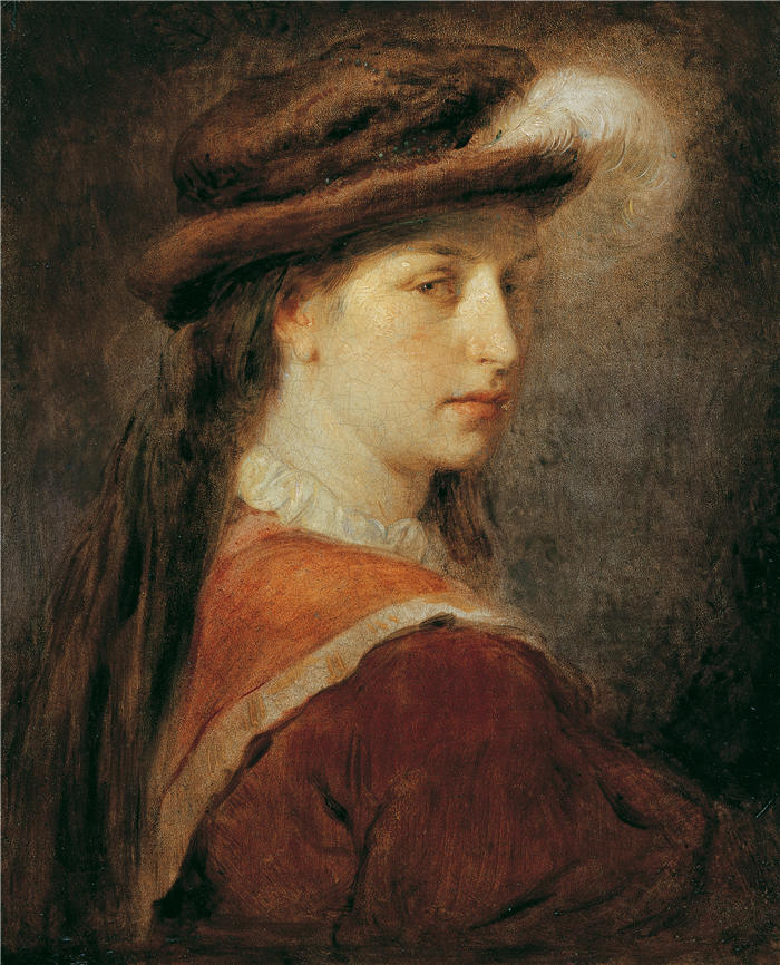 汉斯·卡农(Hans Canon，奥地利画家)高清油画作品-戴羽毛帽的女士（1870 年）