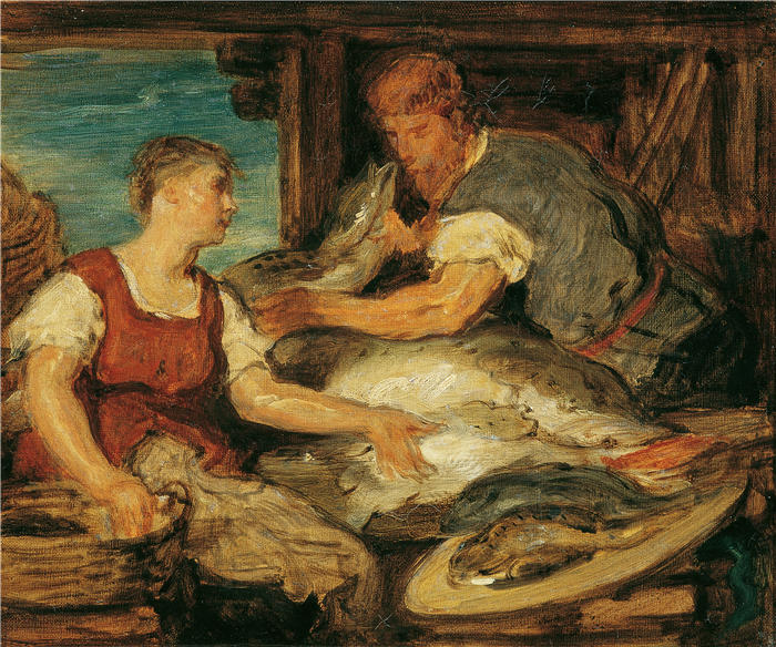 汉斯·卡农(Hans Canon，奥地利画家)高清油画作品-卖鱼者 (1885)