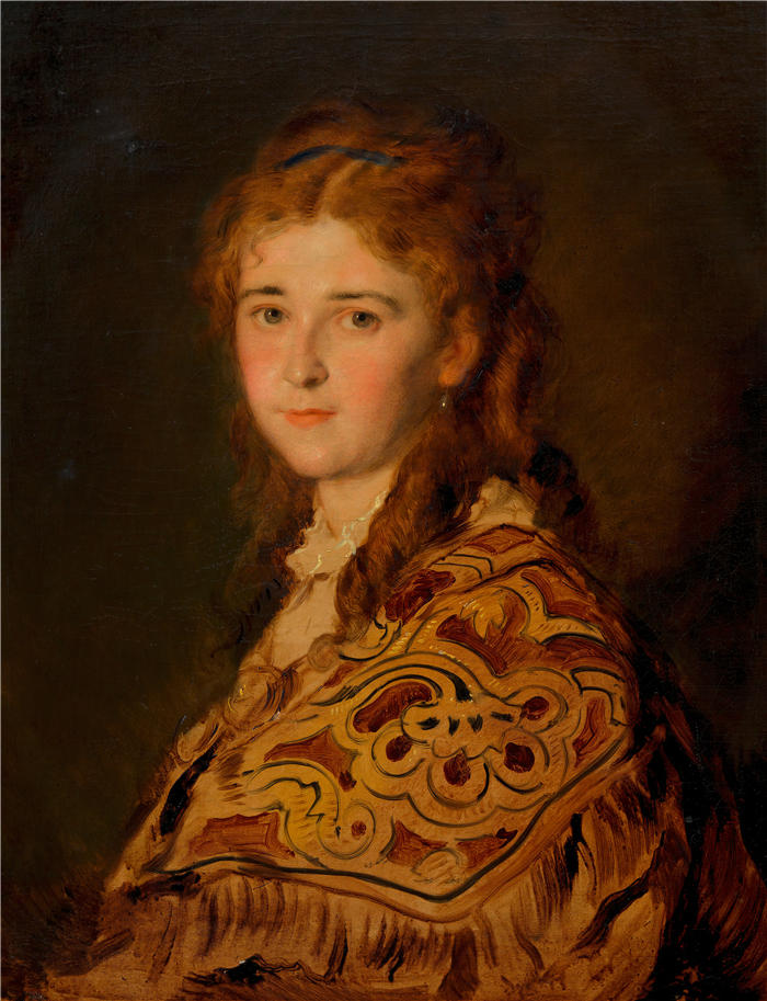 汉斯·卡农(Hans Canon，奥地利画家)高清油画作品-戴着土耳其围巾的年轻女子（大约 1870-1880 年）