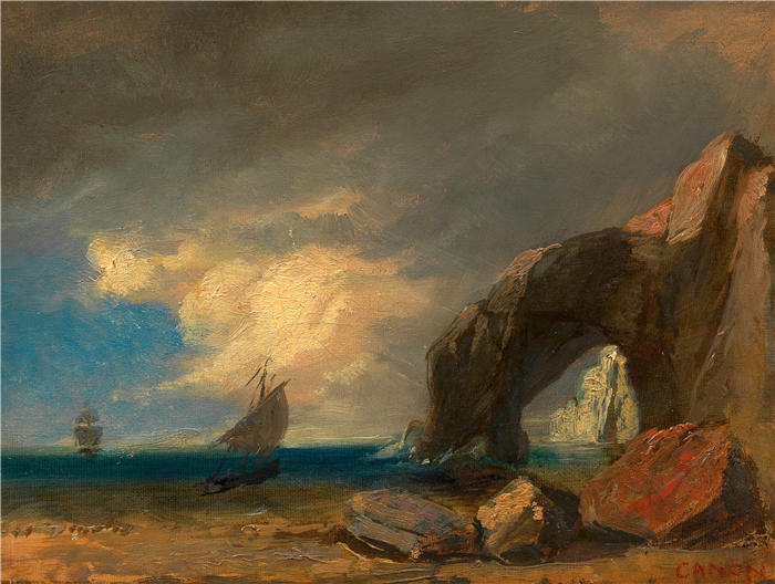 汉斯·卡农(Hans Canon，奥地利画家)高清油画作品-有渔船的海岸（石油研究）（大约 1875-1880 年）