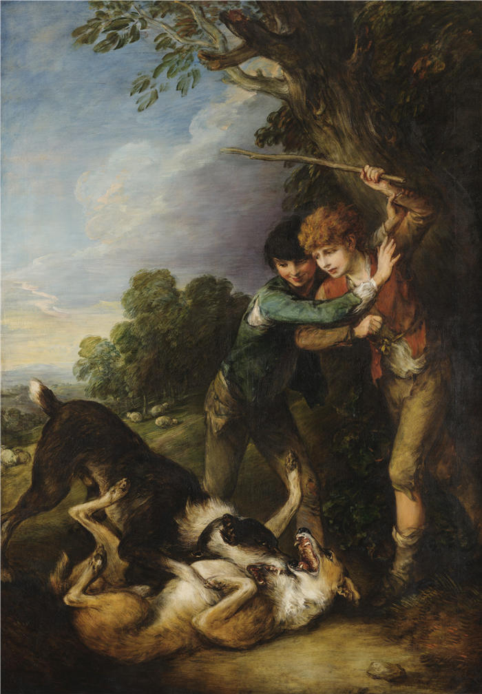 托马斯·庚斯博罗（Thomas Gainsborough，英国画家）高清油画作品-《两个牧羊男孩与狗打架（1783 年）》