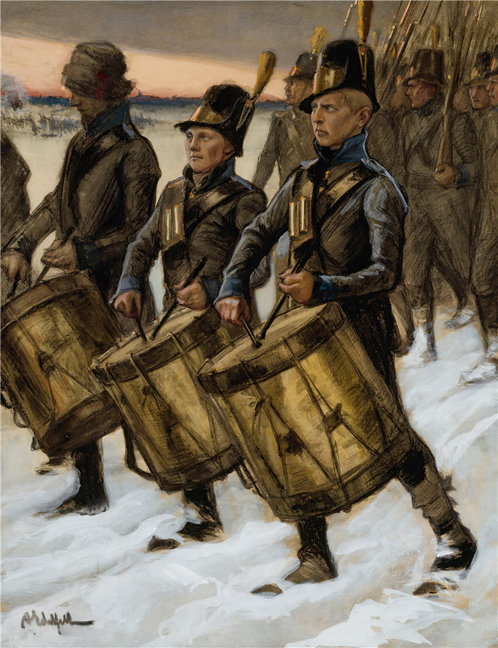 艾伯特·埃德菲尔特（Albert Edelfelt，芬兰画家）油画高清作品-《 Björneborg 军团行军 (1897 - 1900)》