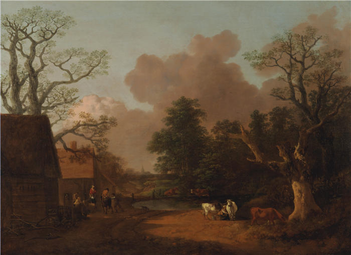 托马斯·庚斯博罗(Thomas Gainsborough,英国画家)高清油画作品-《与挤奶女工的风景》