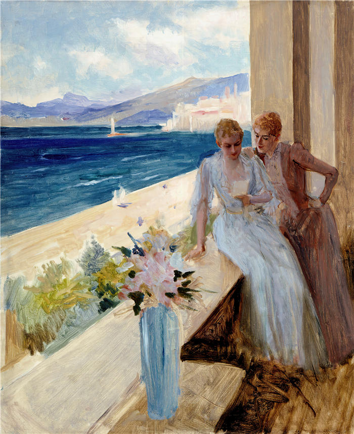 艾伯特·埃德菲尔特（Albert Edelfelt，芬兰画家）高清作品-《 艺术家的妻子和艾米莉·冯·埃特在戛纳的阳台上 (1891)》