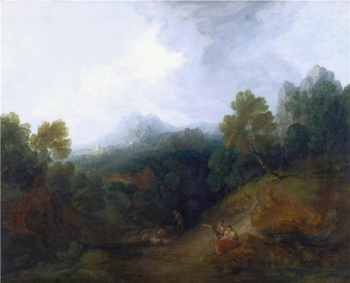 托马斯·庚斯博罗(Thomas Gainsborough,英国画家)高清油画作品-《羊群景观》