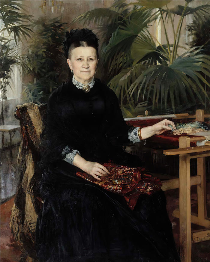 艾伯特·埃德菲尔特(Albert Edelfelt,芬兰画家)油画高清作品-《 Anna Sinebrychoff 夫人的肖像(1884 年)》