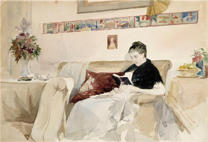 艾伯特·埃德菲尔特（Albert Edelfelt，芬兰画家）高清作品-《 艺术家的妻子在沙发上读书》