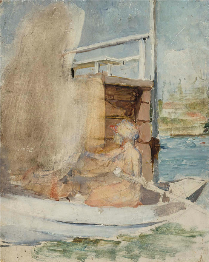 艾伯特·埃德菲尔特（Albert Edelfelt，芬兰画家）高清作品-《 一个女人在码头的船上》