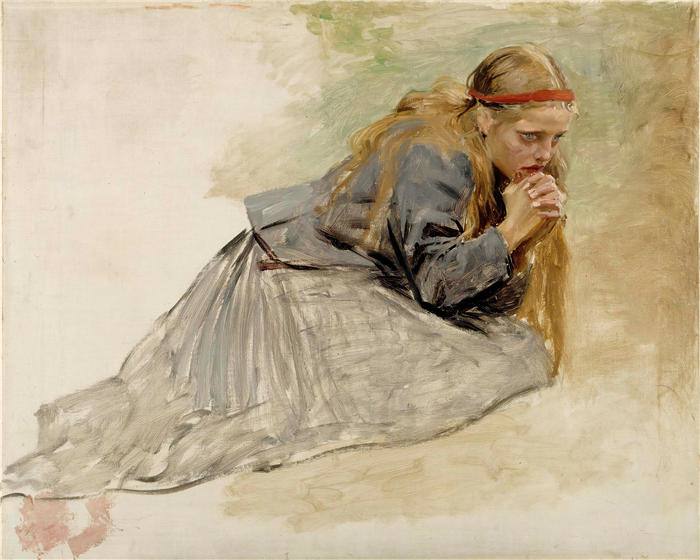 艾伯特·埃德菲尔特（Albert Edelfelt，芬兰画家）高清作品-《 抹大拉的马利亚跪下，为基督和抹大拉的马利亚学习 (1890)》