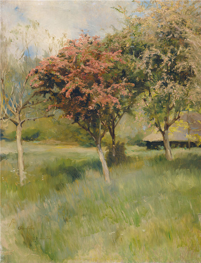 艾伯特·埃德菲尔特（Albert Edelfelt，芬兰画家）高清作品-《 Blommande hagtorn (Vy från Chantilly) (1886)》