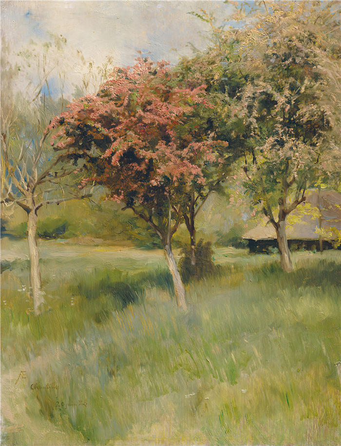 艾伯特·埃德菲尔特(Albert Edelfelt,芬兰画家)高清作品-《 Blommande hagtorn (Vy från Chantilly) (1886)》