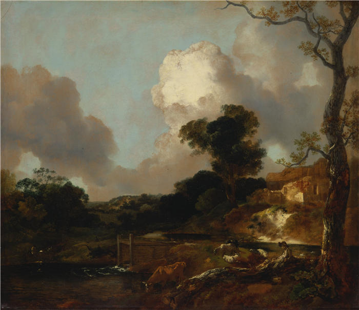 托马斯·庚斯博罗(Thomas Gainsborough,英国画家)高清油画作品-《有溪流和堰的景观》