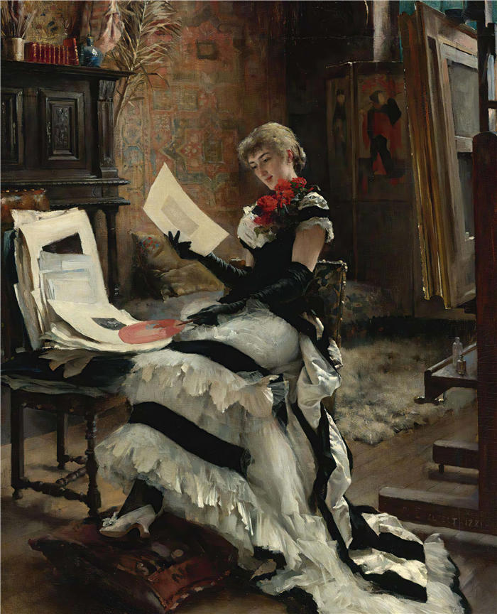 艾伯特·埃德菲尔特(Albert Edelfelt,芬兰画家)油画高清作品-《 Chez L'artiste (Les Gravures) (1881)》