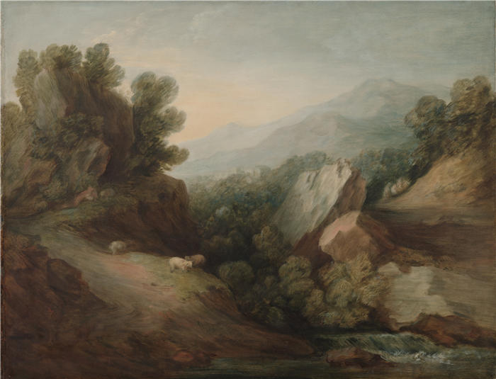 托马斯·庚斯博罗(Thomas Gainsborough,英国画家)高清油画作品-《岩石、树木繁茂的景观》