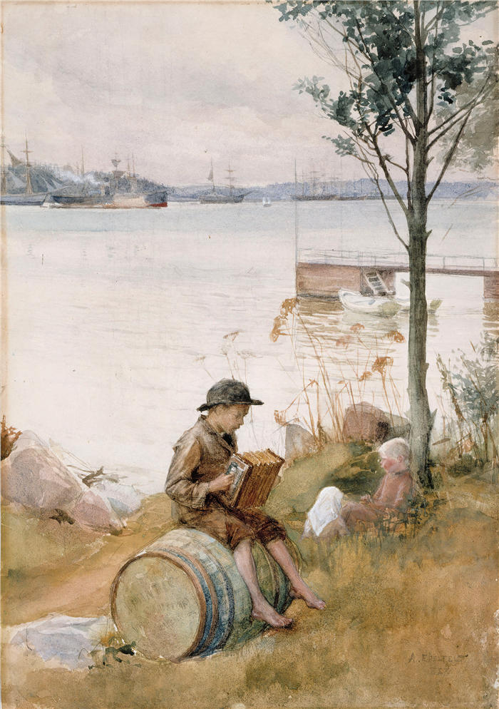 艾伯特·埃德菲尔特（Albert Edelfelt，芬兰画家）高清作品-《 堤岸小夜曲 (1887)》