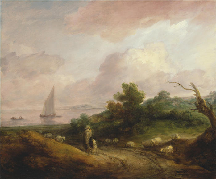 托马斯·庚斯博罗(Thomas Gainsborough,英国画家)高清油画作品-《与牧羊人和他的羊群的沿海景观》