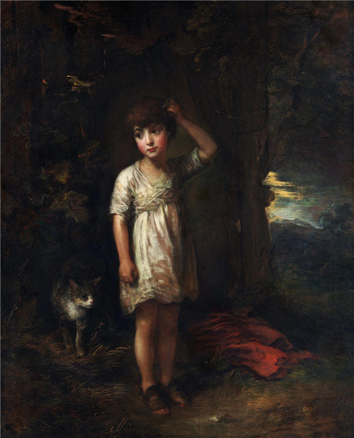 托马斯·庚斯博罗(Thomas Gainsborough,英国画家)高清油画作品-《一个有猫的男孩,早上 (1787)》
