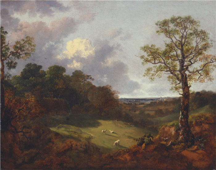 托马斯·庚斯博罗(Thomas Gainsborough,英国画家)高清油画作品-《有小屋和牧羊人的树木繁茂的景观》