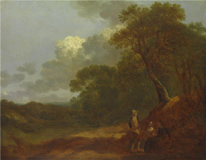 托马斯·庚斯博罗(Thomas Gainsborough,英国画家)高清油画作品-《一个男人和两个坐着的女人交谈的树木繁茂的风景》