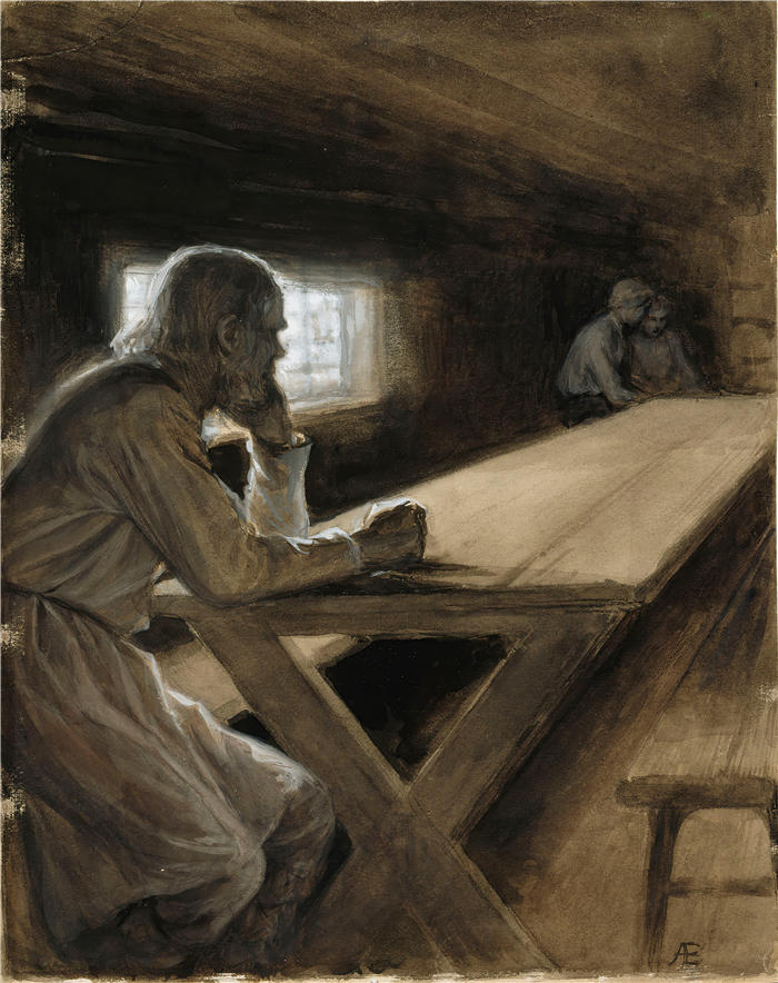 艾伯特·埃德菲尔特(Albert Edelfelt,芬兰画家)油画高清作品-《 来自诗云的兄弟的小屋内部(1897 - 1900)》
