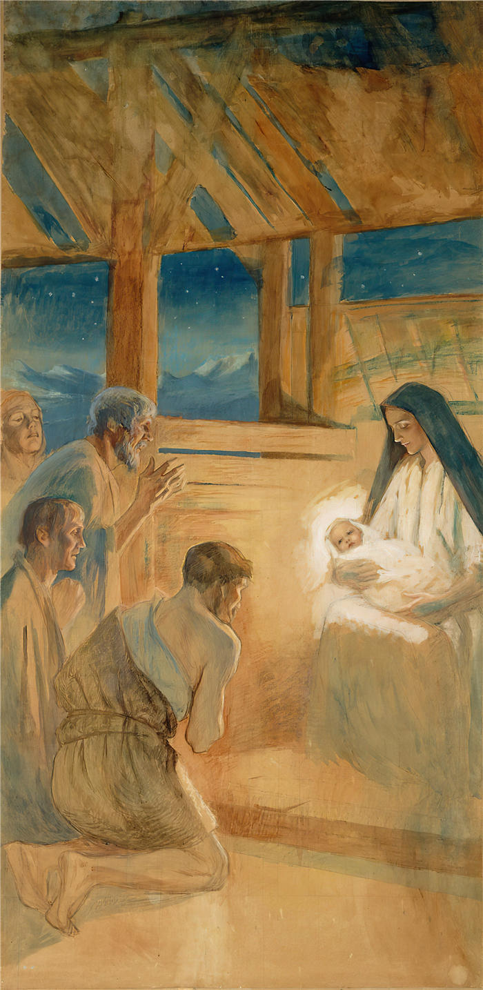 艾伯特·埃德菲尔特(Albert Edelfelt,芬兰画家)油画高清作品-《 牧羊人敬拜小耶稣 (1891 - 1892)》