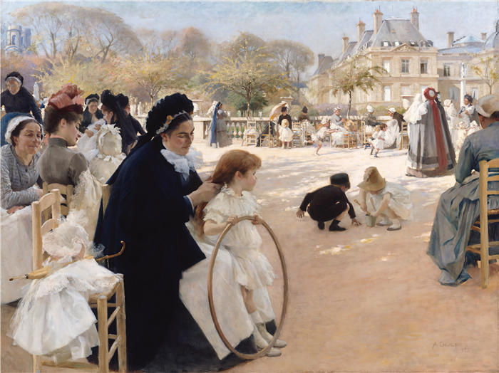 艾伯特·埃德菲尔特(Albert Edelfelt,芬兰画家)油画高清作品-《 卢森堡花园,巴黎,1887 年》