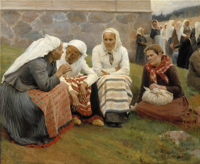 艾伯特·埃德菲尔特（Albert Edelfelt，芬兰画家）油画高清作品-《 Ruokolahti 教堂外的妇女 (1887)》