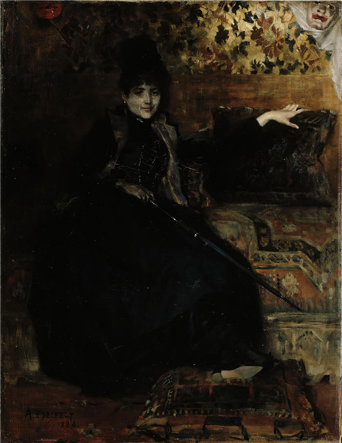 艾伯特·埃德菲尔特（Albert Edelfelt，芬兰画家）油画高清作品-《 坐着的黑衣女郎（1886 年）》