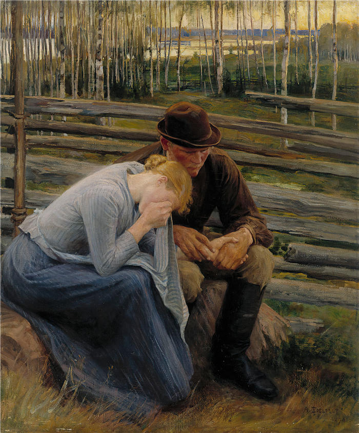 艾伯特·埃德菲尔特（Albert Edelfelt，芬兰画家）油画高清作品-《 悲伤，Vernamo 集市上诗歌插图的变化（1894 年）》