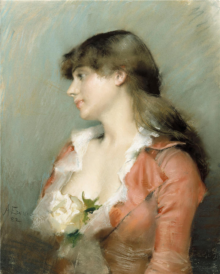 艾伯特·埃德菲尔特（Albert Edelfelt，芬兰画家）油画高清作品-《 一个年轻女人的简介（1882）》
