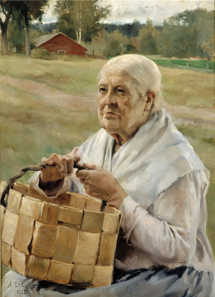 艾伯特·埃德菲尔特（Albert Edelfelt，芬兰画家）油画高清作品-《 提着筹码篮的老妇人（1882 年）》