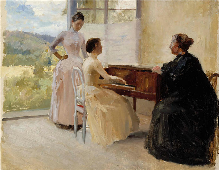艾伯特·埃德菲尔特（Albert Edelfelt，芬兰画家）油画高清作品-《 在 Haikko 的客厅里，书房 (1888)》