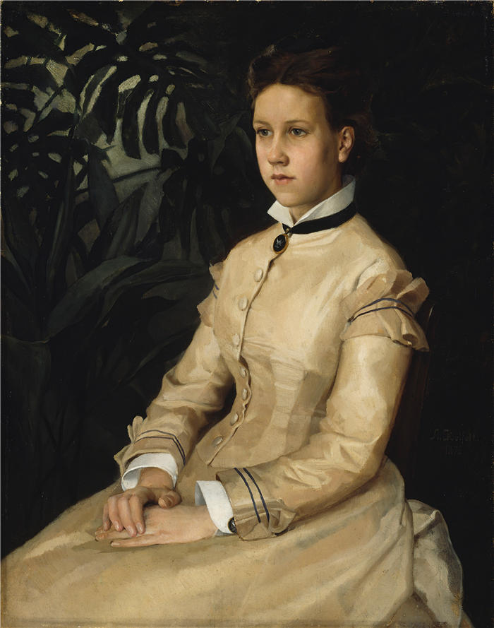 艾伯特·埃德菲尔特（Albert Edelfelt，芬兰画家）油画高清作品-《 艺术家姐姐艾伦·埃德费尔特的肖像（1876 年）》