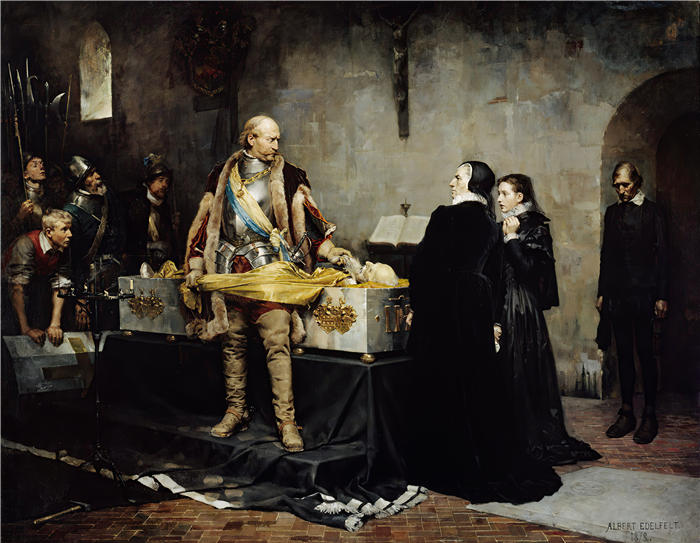 艾伯特·埃德菲尔特(Albert Edelfelt,芬兰画家)油画高清作品-《 卡尔公爵侮辱克劳斯·弗莱明的尸体 (1878)》