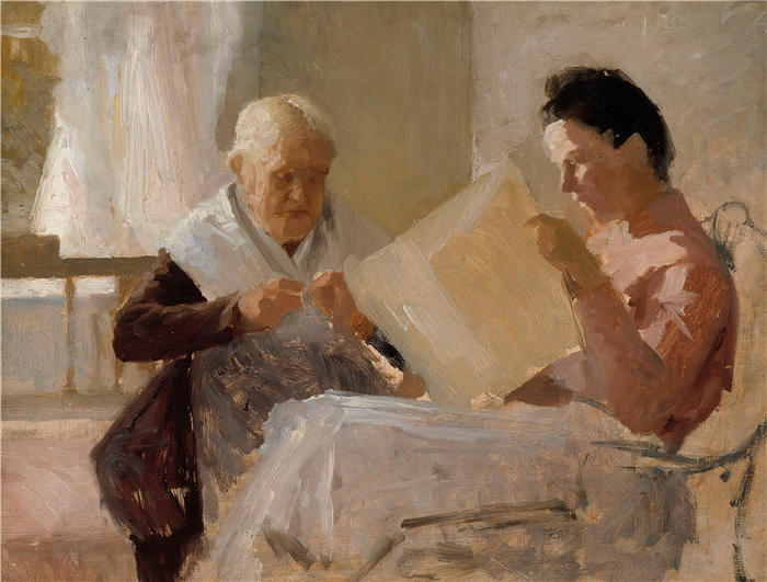 艾伯特·埃德菲尔特（Albert Edelfelt，芬兰画家）油画高清作品-《 安妮·埃德尔费尔特与弗雷德里卡·斯尼格 (1888)》