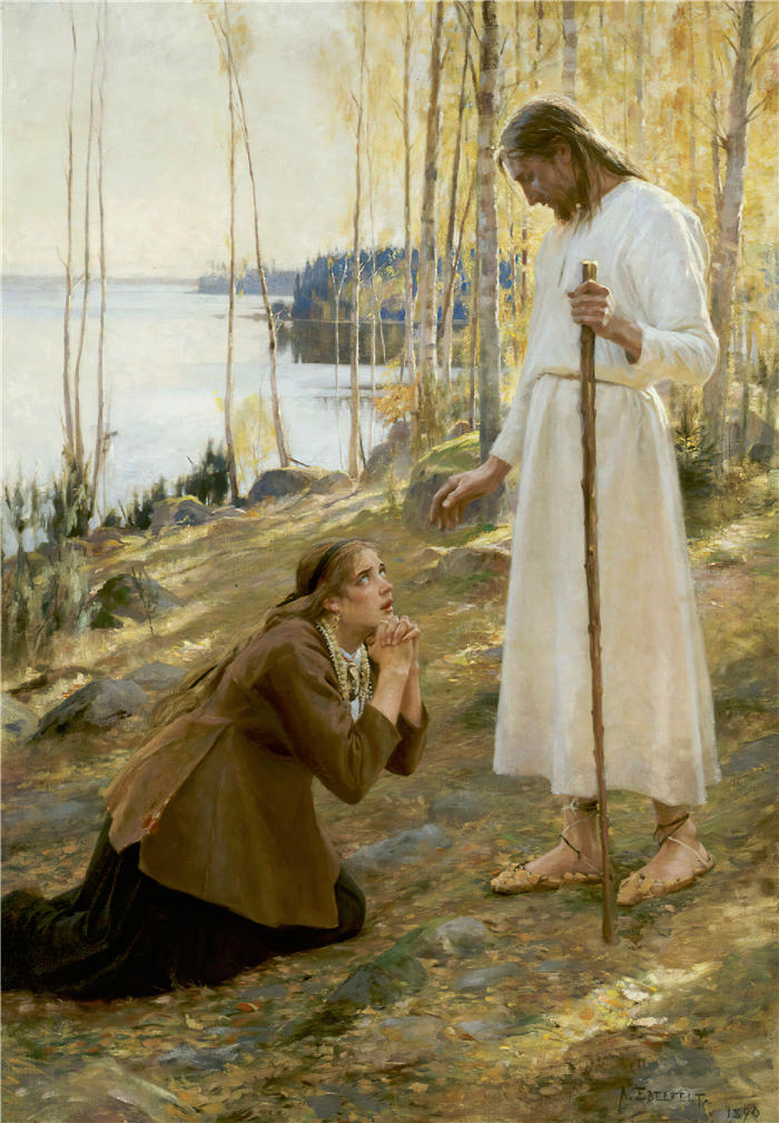 艾伯特·埃德菲尔特(Albert Edelfelt,芬兰画家)油画高清作品-《 基督与抹大拉的马利亚 (1890)》