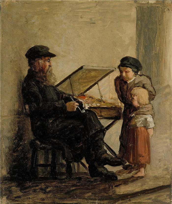 艾伯特·埃德菲尔特(Albert Edelfelt,芬兰画家)油画高清作品-《 赫尔辛基南港市场的一位俄罗斯甜饼推销员,素描(1873 年)》