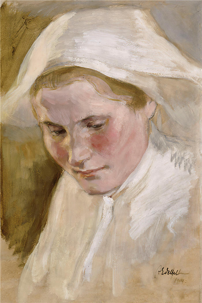 艾伯特·埃德菲尔特(Albert Edelfelt,芬兰画家)油画高清作品-《 女人的头,为彼得·布拉赫系列(1904 年)的最终草图彩排》