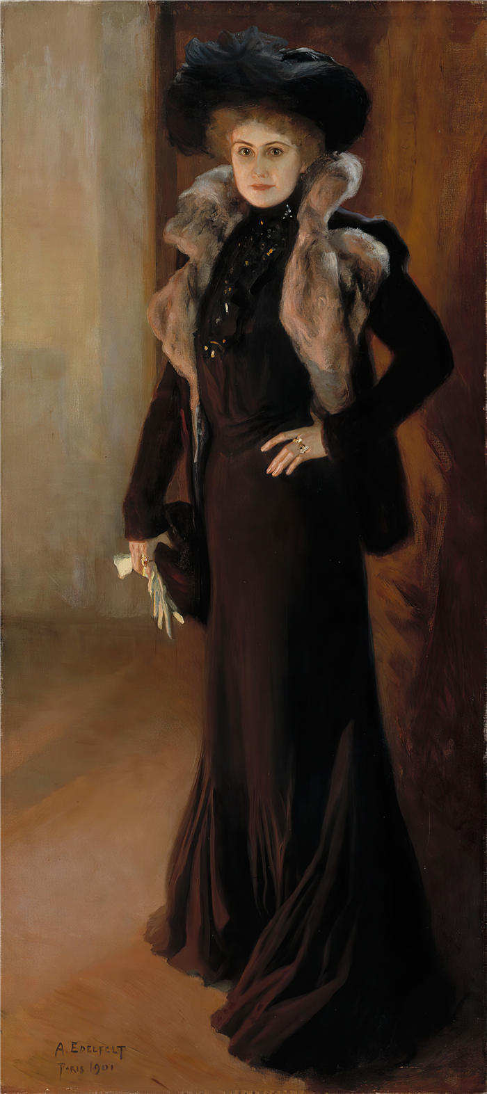 艾伯特·埃德菲尔特(Albert Edelfelt,芬兰画家)油画高清作品-《 歌剧歌手艾诺·阿克泰 (1901) 的肖像》