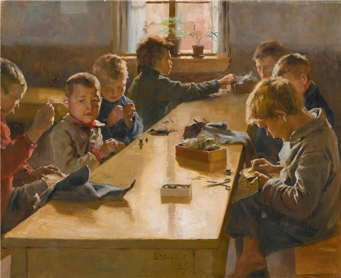 艾伯特·埃德菲尔特(Albert Edelfelt,芬兰画家)油画高清作品-《 赫尔辛基男孩济贫院(1885 年)》