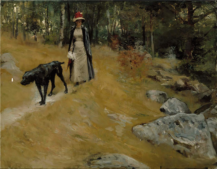艾伯特·埃德菲尔特（Albert Edelfelt，芬兰画家）油画高清作品-《 在岸边（Annie Edelfelt with A Dog）（1883 年）》