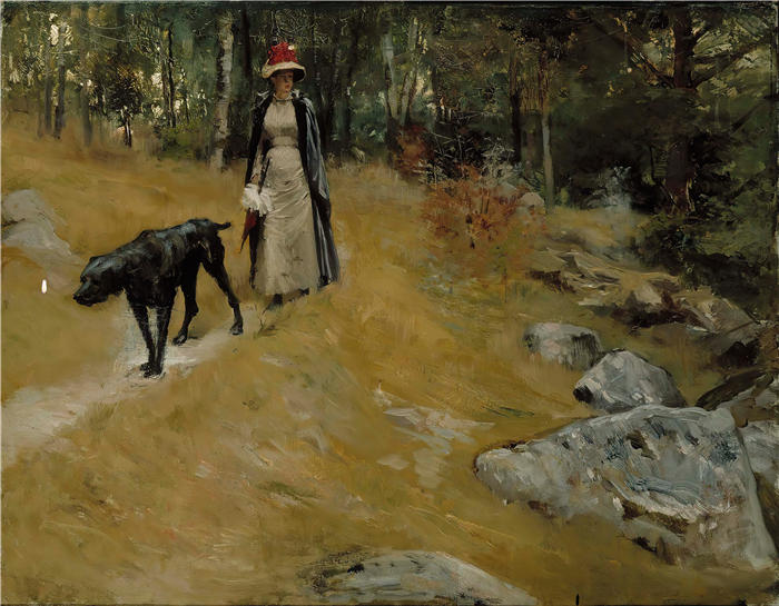 艾伯特·埃德菲尔特(Albert Edelfelt,芬兰画家)油画高清作品-《 在岸边(Annie Edelfelt with A Dog)(1883 年)》